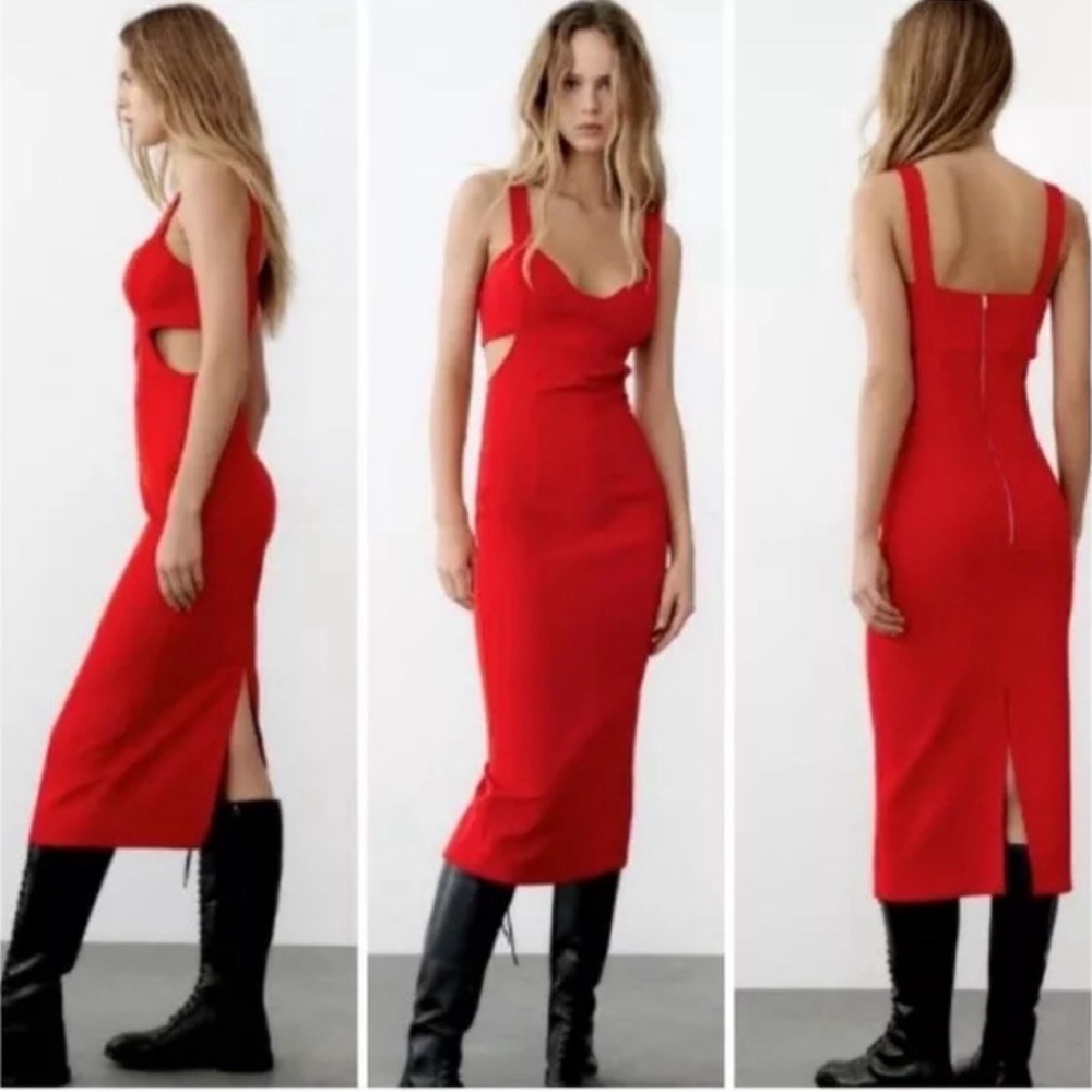 Zara Red Bodycon Midi Dress with Sweetheart Neckline